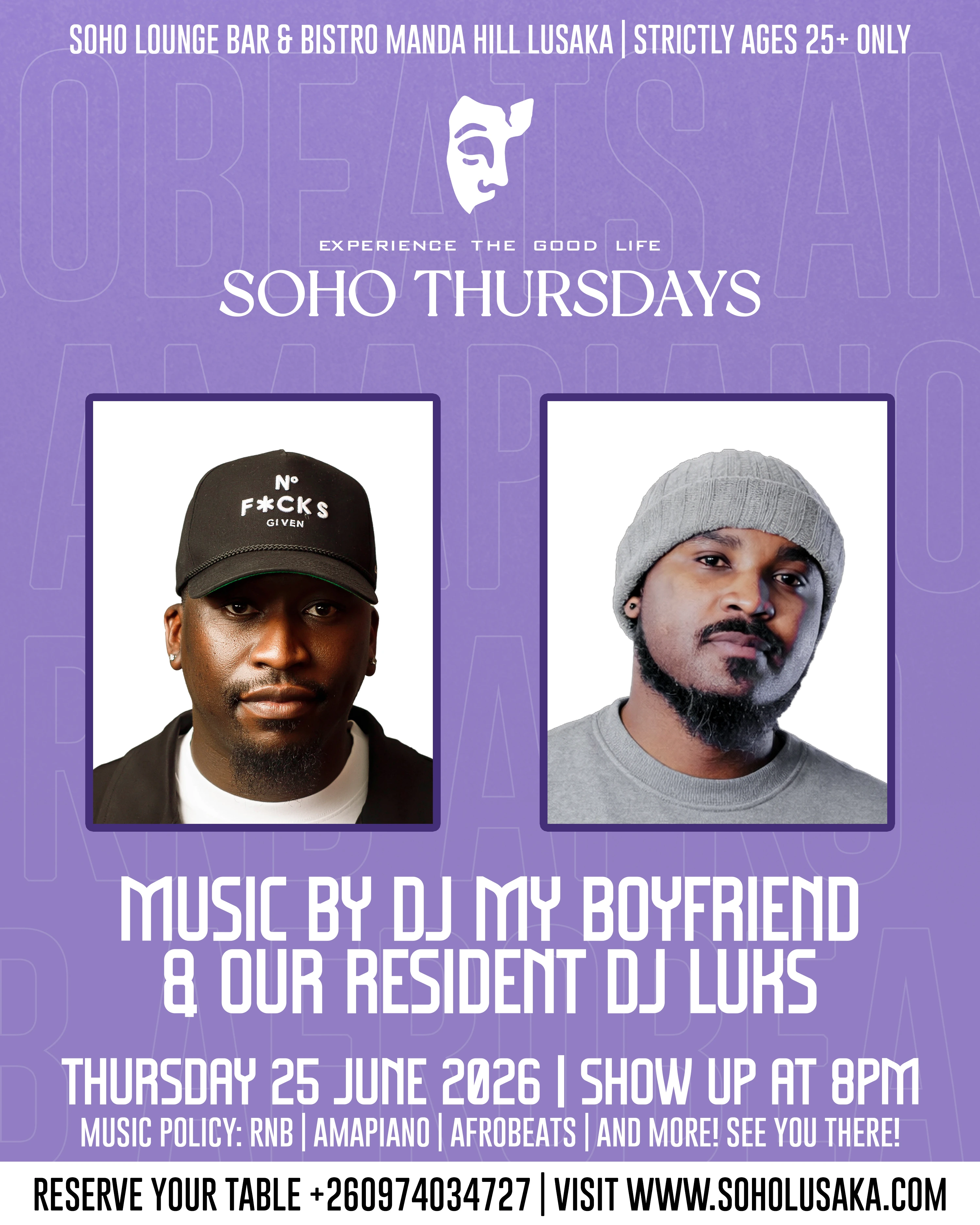 SOHO Lounge event poster for SOHO THURSDAYS with DJ MYBOYFRIEND